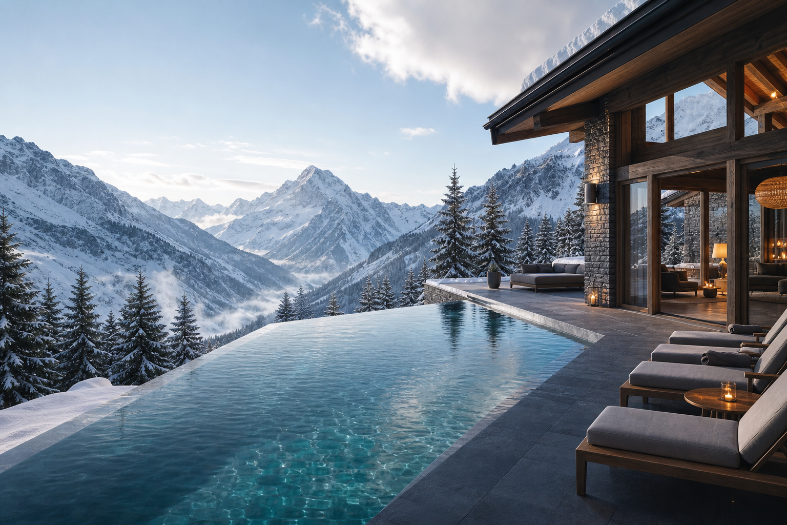 Luxury chalet and mountain pool with sweeping views