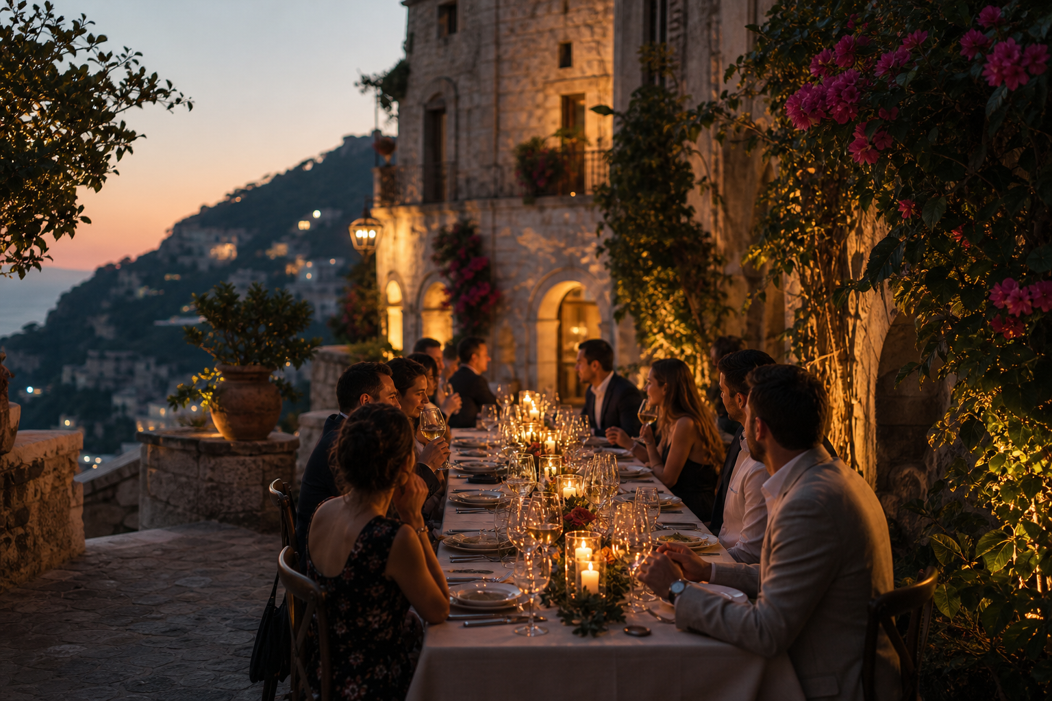 Candlelit coastal dinner terrace