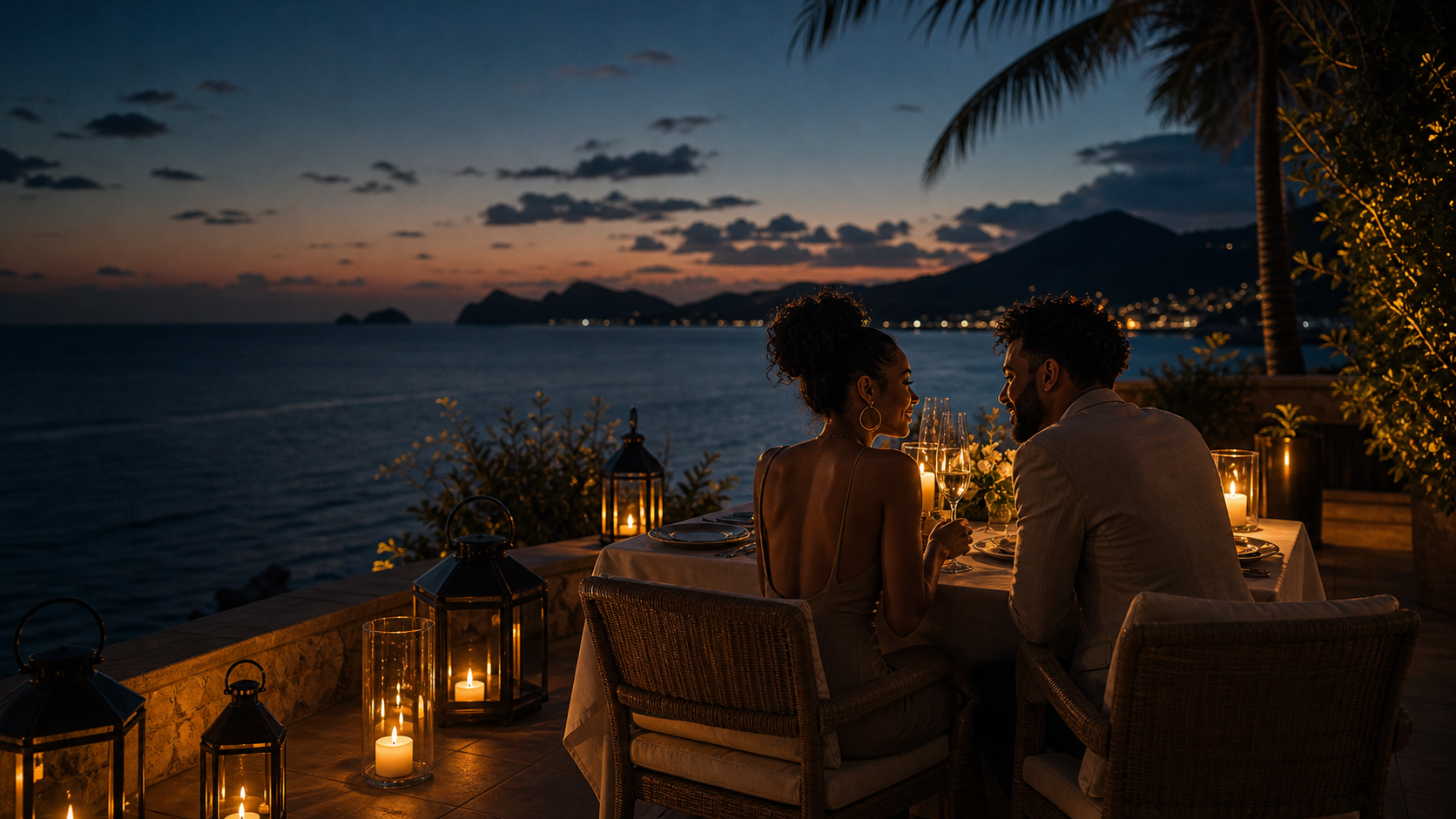 Private oceanfront dinner at blue hour