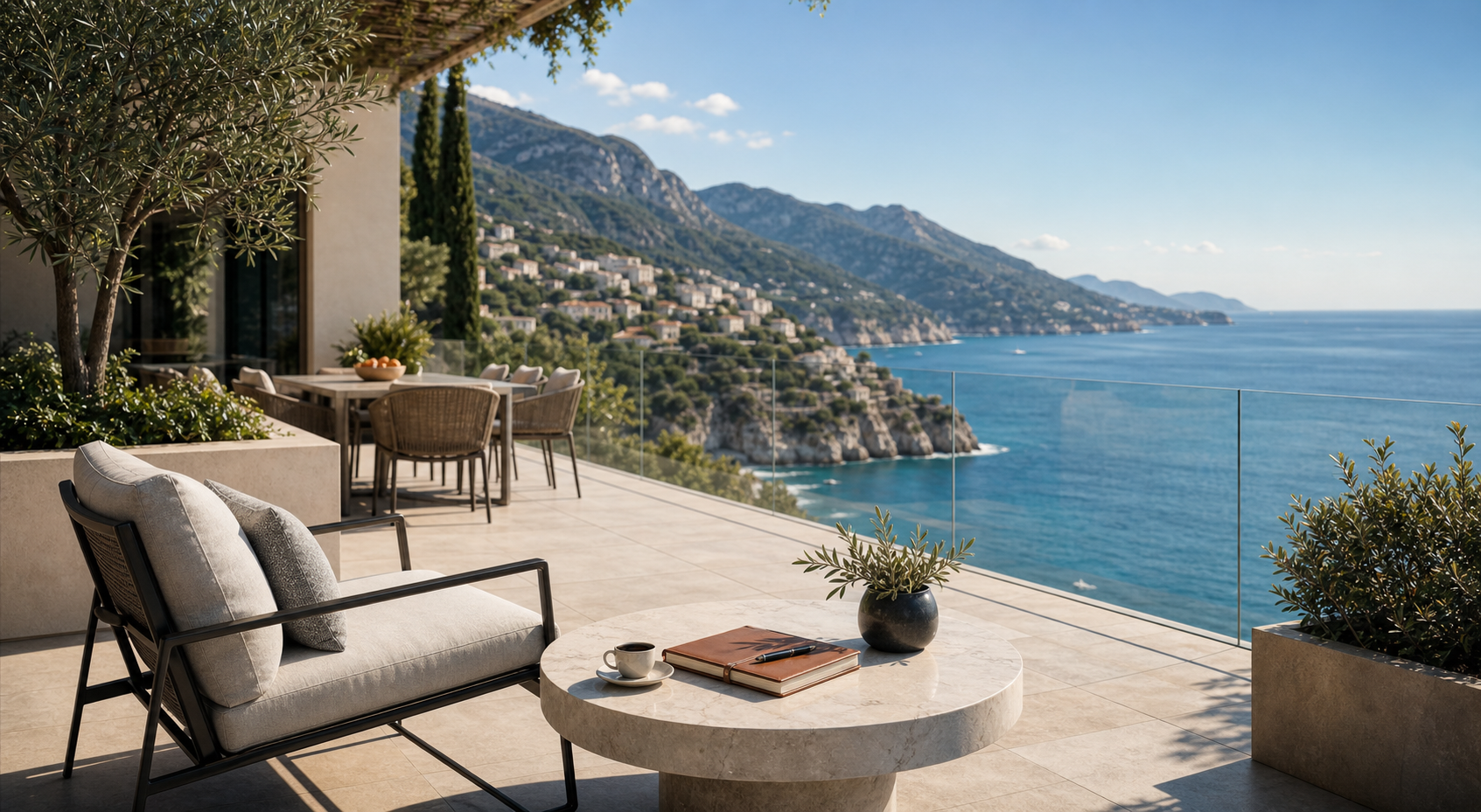 Private coastal terrace above turquoise water
